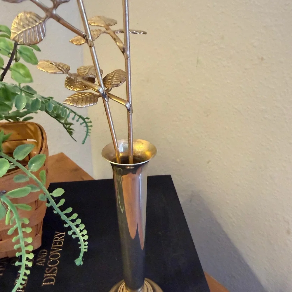 Vintage Ted Arnold Ltd Brass Bud Vase with Two Metal Roses Mid Century Decor
